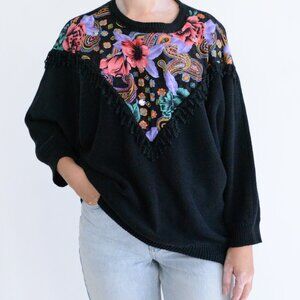 Vintage Bonnie Bill By Holly Black Knit Cotton Blend Floral Fringe Sweater L